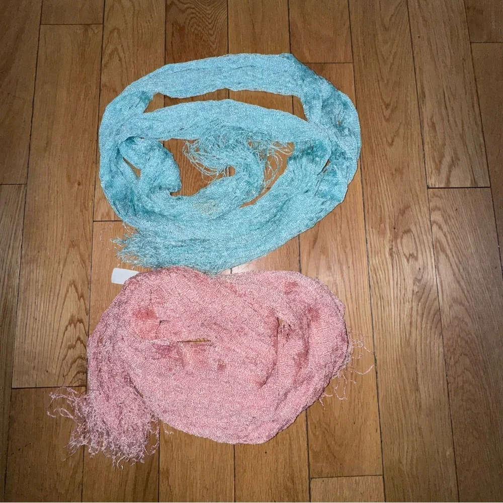 2 Scarves- Pink and Aqua Open-Knit Fringe - Women Accessories